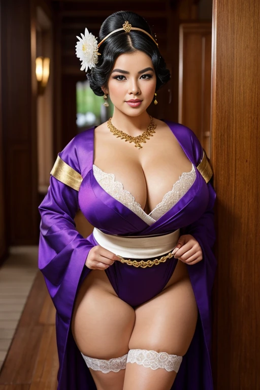 GEISHA ,CHUBBY, BBW, photo vintage, visage feminin parfait, BLACKHAIR , tache de rousseur, 1788, big huge breasts : 68H,FRONT VIEW, Rembrandt LIGHT , EXTREME LONG V-NECK, BIG CLEAVAGE, BEAUTIFUL EYES, BEAUTIFUL HANDS, LIGHT SMILES, PERFECT FACE, tres long décolleté , NECKLACE, RING, JEWELERY RICH, SFW, FULL BODY, COLORFUL, SEXY ROYAL LINGERIE, ENORMOUS BREAST, AROUSED, DETAILLED FACE, PERFECT BODY, PURPLE- GOLD COSTUME, WHITE MAKE-UP