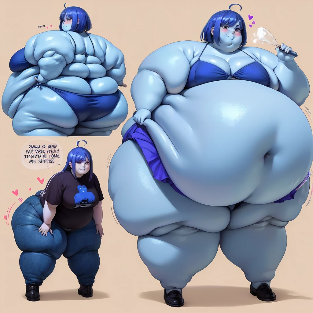 A young woman in a bikini, massive giant human blueberry, massive bloated overstuffed very heavy belly, hyper massive fat tall wide round heavy heart shaped bubble butt, very wide fat hips, massive fat round long very heavy breasts, deep long cleavage, weight gain, deep navel, from behind, looking back, smiling, blushing, blueberry juice body inflation, round blueberry body, blue tinted skin, arms out at side, splayed legs, wide stance, sloshing body, taut skin, smooth skin, cute fat face,