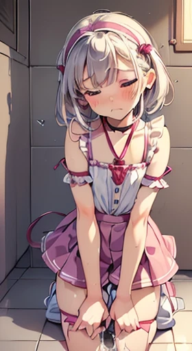 (1 tiny human girl, girl with anatomically perfect body, ultra detailed hands, Perfect hands, ultra detailed face, detailed pussy, cute eyes, pale skin:1.3), (headband, tunic blouse, frill skirt, boots:1.2), (have to pee, strong need to pee, couldn't hold pee, couldn't stop squirting pee, sweat:1.5), (no choice but to strong hold her pussy, transparent forceful stream squirting pee from urethra pussy, Incontinence, pee flowing down lower legs:1.5), (erotic twist of the body:1.2), (leaning forward:1.1), (noon, clear skies, public toilet, in front of ceramic floor-level toilet, toilet door, very bright:1.4), (blush, embarrassed, breathless, sigh, pleasure, ecstasy, half-closed eyes, head tilt, looking away:1.2), pull up her skirt and cross arms, (panty pull aside), (Put heel on the floor), (closed eyes, closed month:0.9), (Best Quality, masterpiece, 8K, ultra detailed, strong light coming in:1.4), lower body, worm's eye view,
