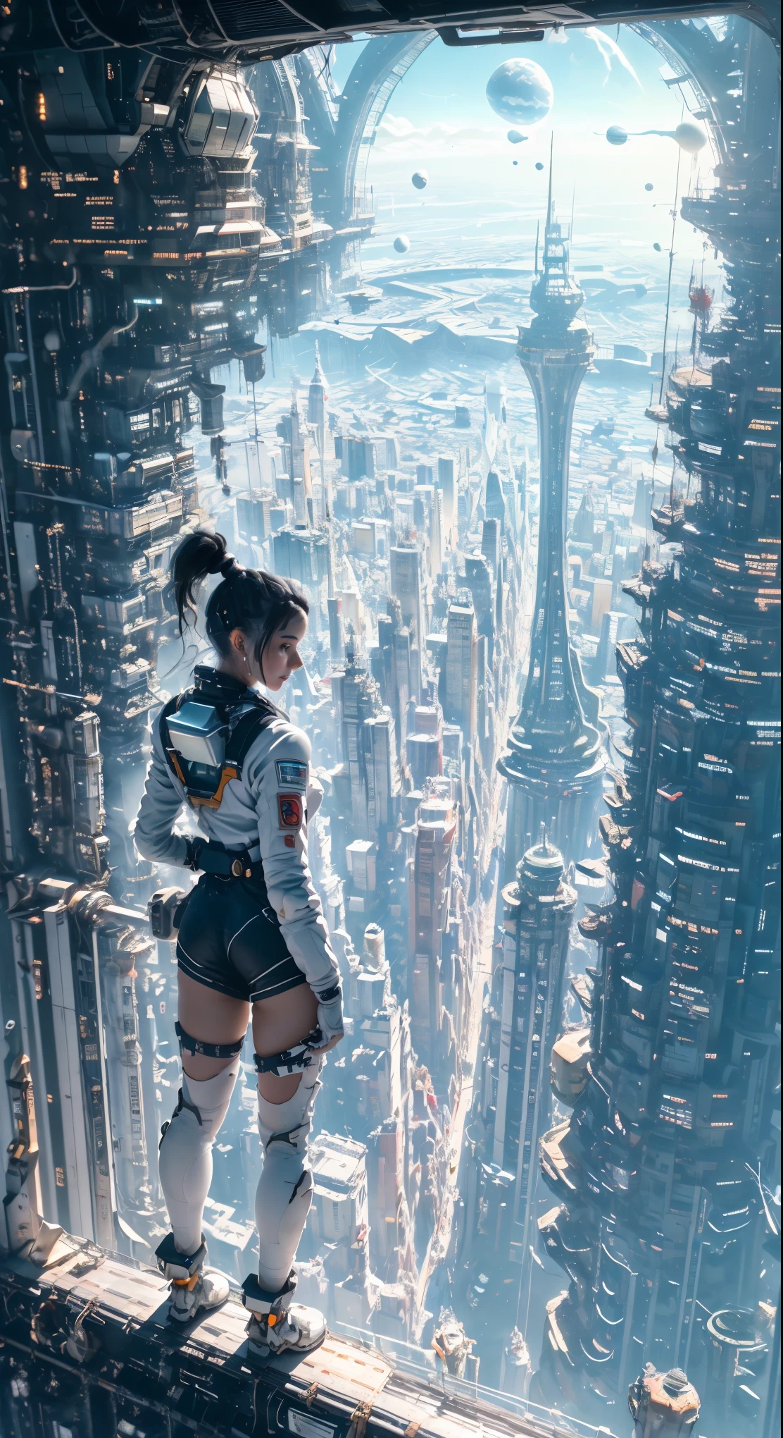 (best quality, 4k, ultra detailed, high resolution, masterpiece: 1.2),Personaje a la Distancia: Hay un personaje visto desde lejos, located at a high observation point. It is small compared to the surroundings, resaltando la magnitud de la nave. The character is equipped with a space suit, with flashing lights and mechanical details.
Vista del Espacio Exterior: Through the openings in the ship, se ve un vasto espacio estrellado. The stars are unevenly distributed, creating variable densities and suggesting the remoteness of some celestial objects.