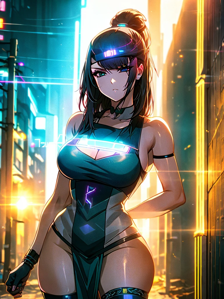 Mulher de 25 anos, com vestido estilo cyberpunk, com fenda, em uma rua de dia a luz do sol. She&#39;s on a cyberpunk street. Corpo inteiro.
