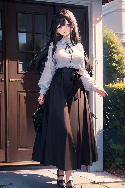 ((best quality)), ((masterpiece)), (detailed), perfect face,25-year-old woman, Black Hair, Long Hair,Gentle eyes,tall, Large Breasts, Casual clothing,Long Skirt, Entrance of the house,Outdoor Scene, Standing,whole body
