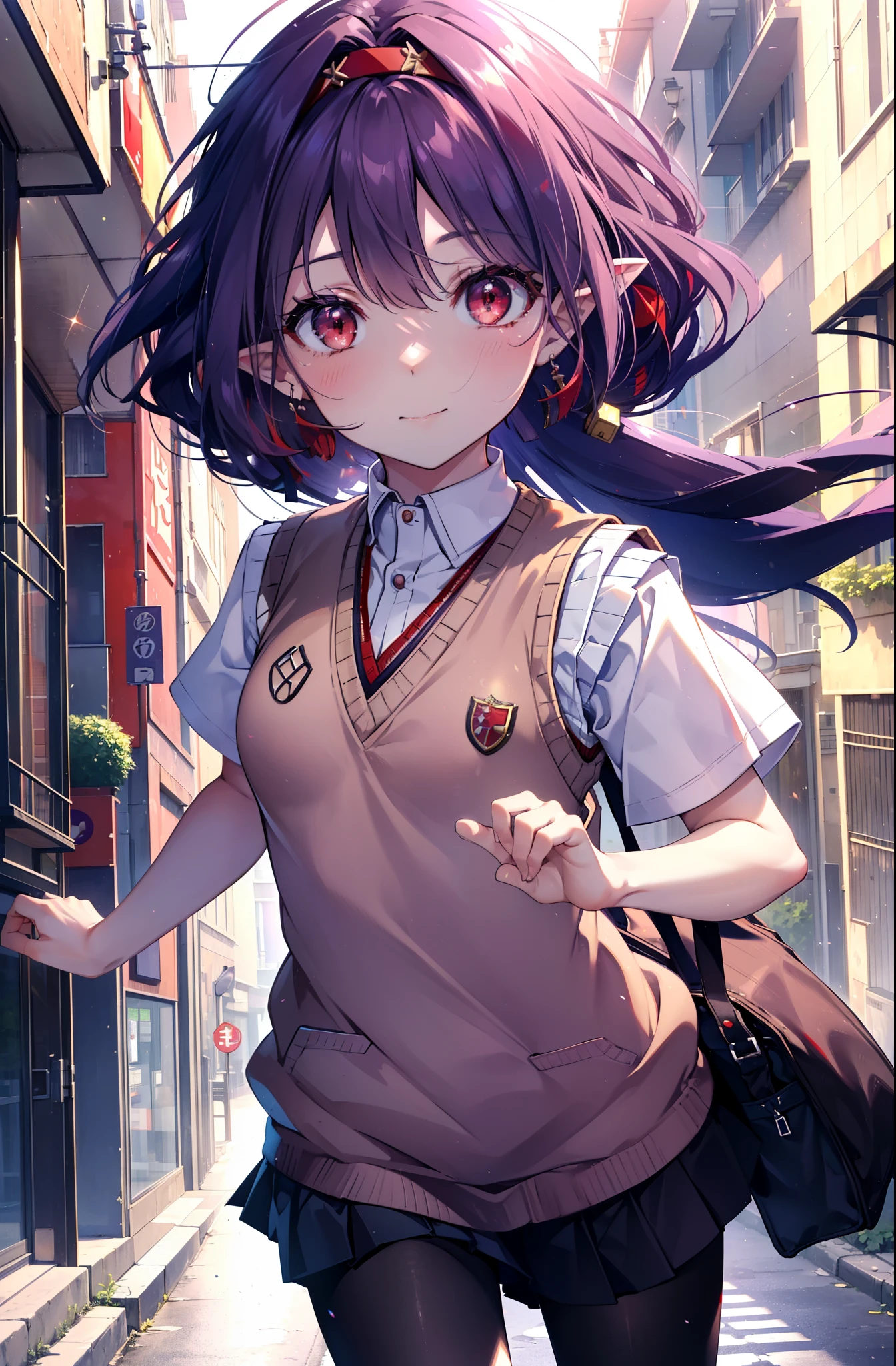 yuukikonno, Yuki Konno, hair band, Long Hair, Pointy Ears, Purple Hair, (Red eyes:1.5), (Small breasts:1.2), smile,White Y-shirt,Sweater vest, (紫色 Sweater vest:1.5),,Short sleeve,Purple pleated skirt,black tights,Brown Loafers,Toast in the mouth, running, City Street,morning,morning日,sunrise,A girl running,
break looking at viewer, Upper Body, whole body,
break outdoors, Residential area crowd, people々々,
break (masterpiece:1.2), highest quality, High resolution, unity 8k wallpaper, (shape:0.8), (Fine and beautiful eyes:1.6), Highly detailed face, Perfect lighting, Highly detailed CG, (Perfect hands, Perfect Anatomy),