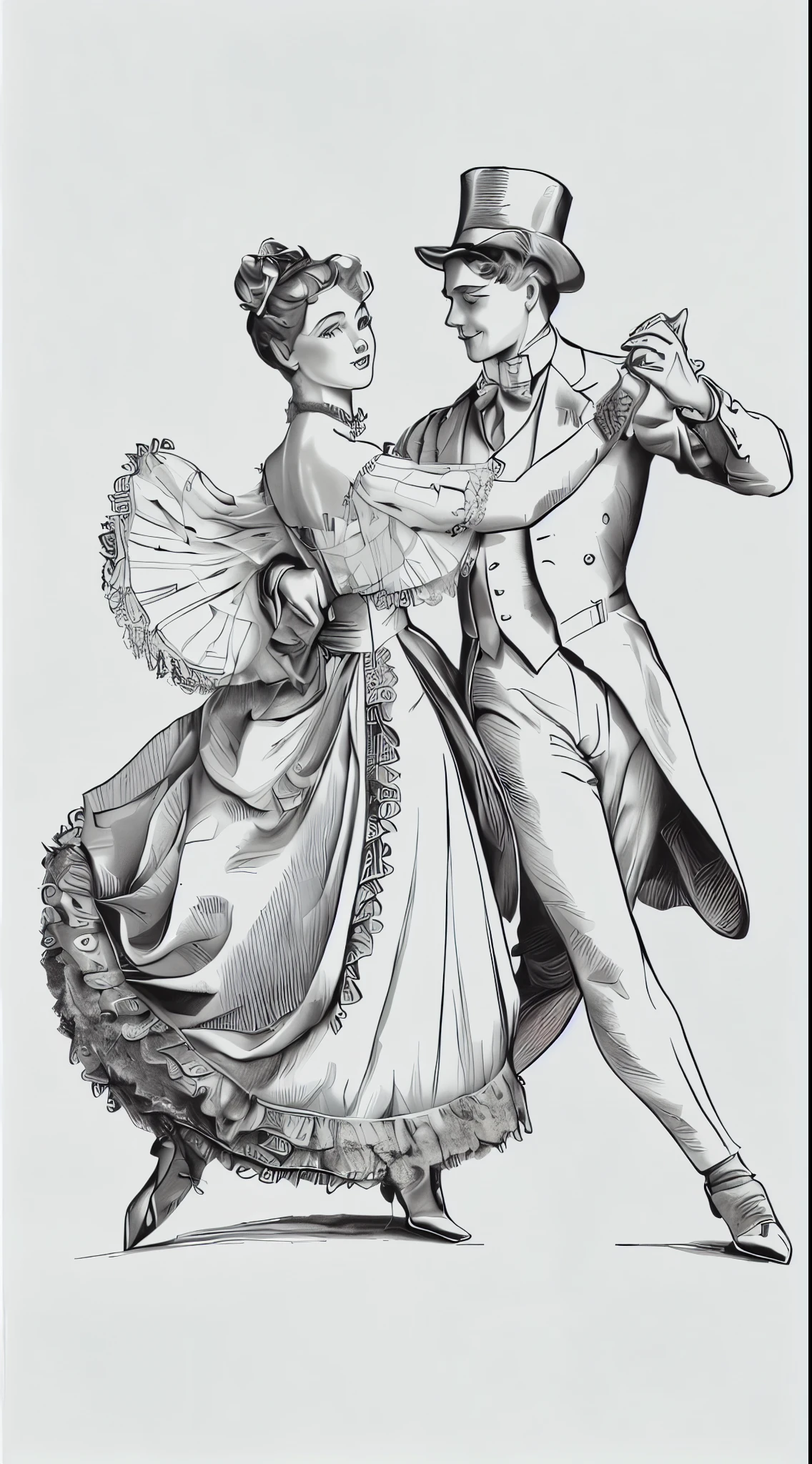 a ultra detailed illustration in line art of a couple dancing a waltz in a fancy dress, inspired by Charles Dana Gibson, both wearing victorian clothes, dancing with each other, couple dancing, wearing victorian clothes, by Charles Dana Gibson, with victorian clothing, detailed fashion illustration, by Albert Kotin, victorian clothing, an elegant couple, victorian style, inspired by Laurie Liptoninviting viewers to experience a bygone era of elegance and refinement, beautiful hands, eyes, face, hair, nose, lips