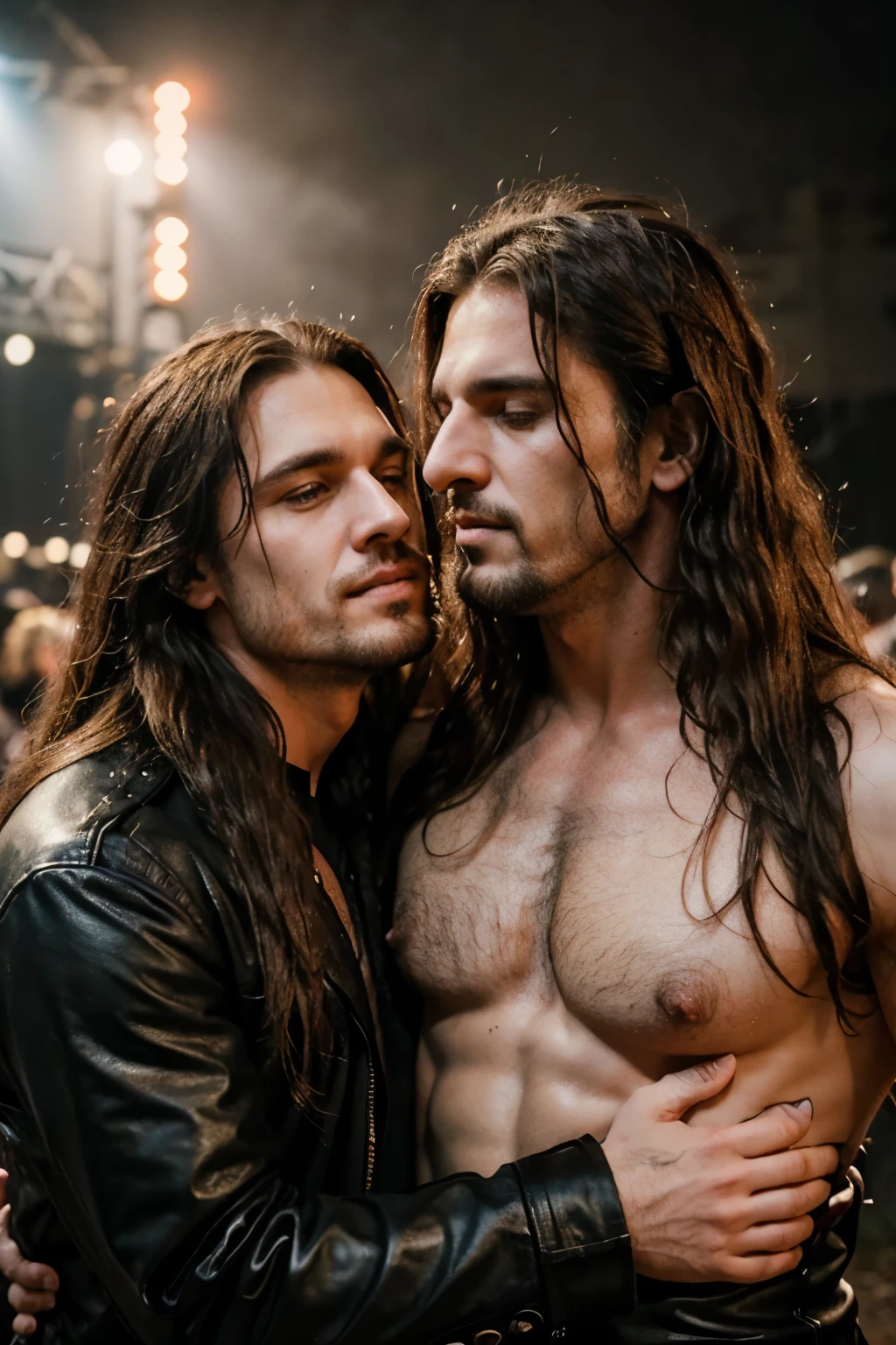 Masculine long haired men from the band "Rhapsody of Fire" making love and kissing with each other in a manly pose at a sleazy outdoor headbangers festival, curly hair, messy hair, straight hair, wet hair, evil smile, facial hair, masterpiece, 1080P,manly,macho