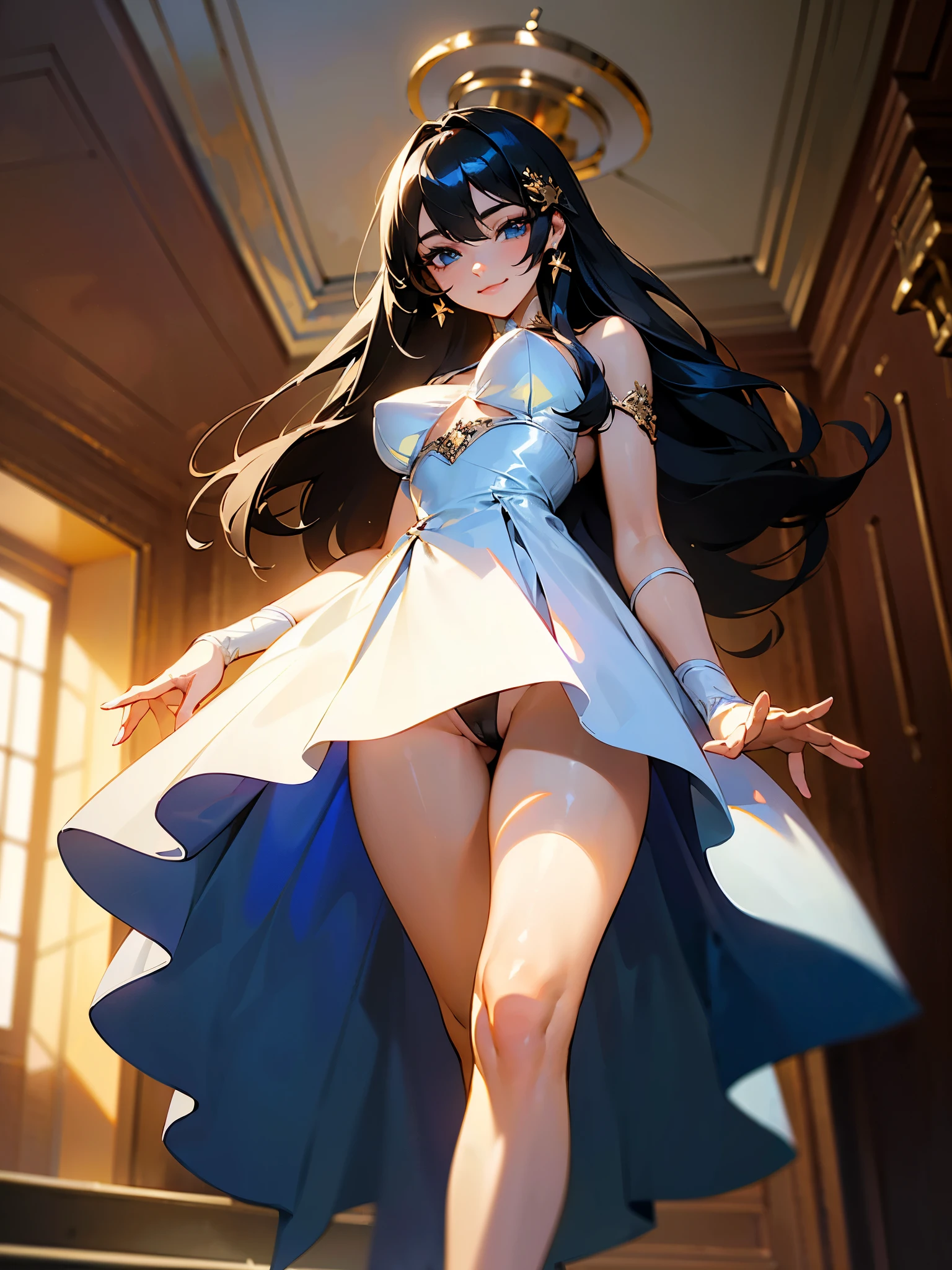 (Realistic:1.3), (masterpiece:1.2), (photoRealistic:1.2), (highest quality), (Detailed skin:1.3), (Intricate details), (Ultra-high definition face)
Reduces light reflections, 1 woman, 19 years old, Detailed skin texture,
She has only two legs, Two arms, Five fingers, Two joints in the fingers, Perfect body balance, good legs, slim legs, left and right legs the same thickness, Smooth Skin
(blush:0.7), ((smile)), gentle expression
Black Hair, Straight Hair, medium Long Hair, Calm hair, bangs, Hair between the eyes, Hair volume is low,
Sparkling blue eyes, Lens Eye, Light reflection in the eyes, Symmetrical eyes, looking at the camera, high light in the eyes, (eyelashes),
hair ornaments,
((Wearing white dress), the dress is one piece type, ((Do not cover the crotch)), ((black g-string panty)), tiny panty, separate Panties from clothes, off sholders
((big tits)), (vagina), (pussy), (camel toe), under boob
((((Depict from THIGHS to HEAD)))), (((from below))),
Inside the room, Natural light
((roll up skirt with her hands)), ((stand in the room)), (put her leg on the step), ((Pinch the skirt))