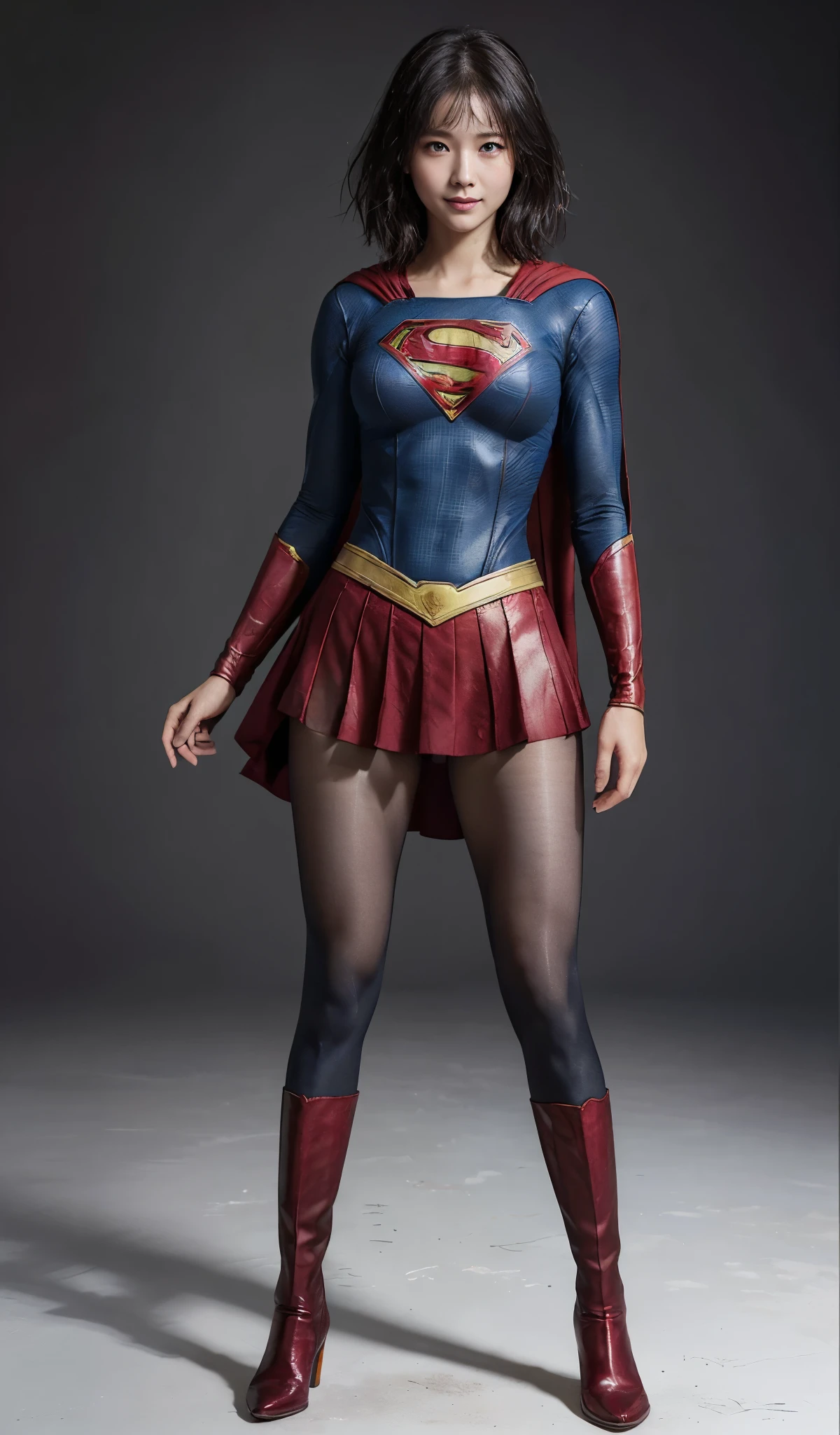 No background、(((Beautiful legs in black tights.)))、(((Legally express the beauty of your smile)))、((((Make the most of your original images)))、(((Supergirl Costume)))、(((Beautiful short bob hair)))、(((suffering)))、(((Please wear black tights....、Wear red boots)))、((Best image quality、8k))、((highest quality、8k、masterpiece:1.3))、(((Preserve background )))、Sharp focus:1.2、Beautiful woman with perfect figure:1.4、Slim Abs:1.2、Wet body:1.5、Highly detailed face and skin texture、8k