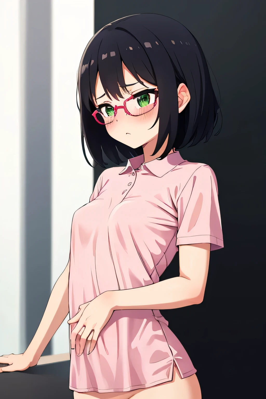 In town,Small breasts that can be rolled up,Black Hair,short hair,Green Eye Glasses,(Shocking pink plain polo shirt, Short sleeve, naked), (High resolution, high quality:1.1), Intricate details, 1 girl,(blush,Embarrassing)There are a lot of people around