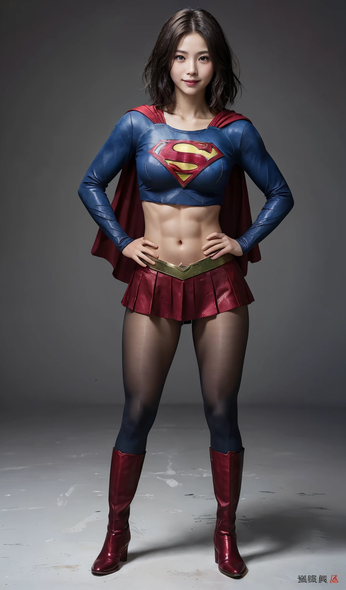 No background、(((Beautiful legs in black tights.)))、(((Legally express the beauty of your smile)))、((((Make the most of your original images)))、(((Supergirl Costume)))、(((Beautiful short bob hair)))、(((suffering)))、(((Please wear black tights....、Wear red boots)))、((Best image quality、8k))、((highest quality、8k、masterpiece:1.3))、(((Preserve background )))、Sharp focus:1.2、Beautiful woman with perfect figure:1.4、Slim Abs:1.2、Wet body:1.5、Highly detailed face and skin texture、8k