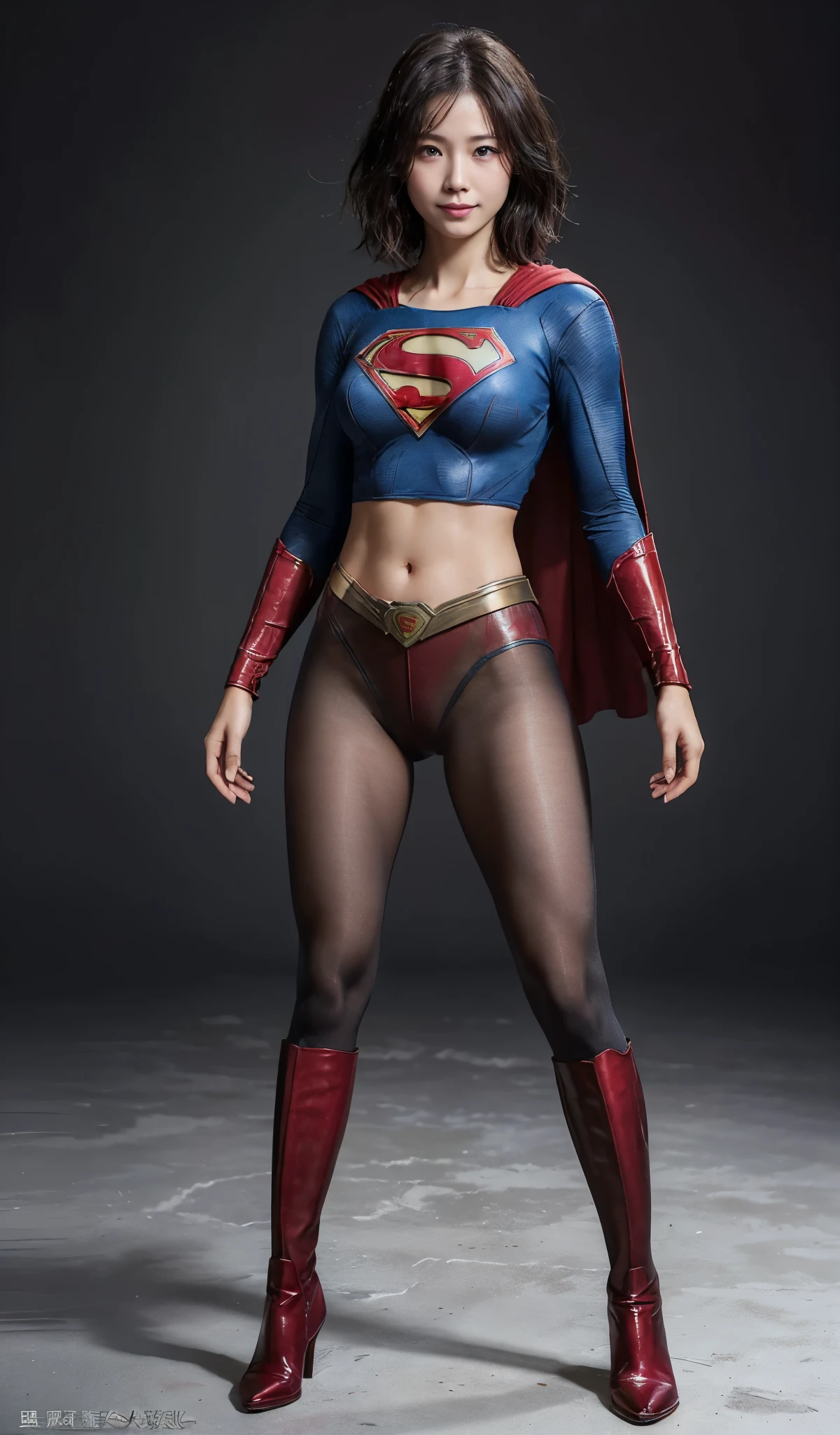 No background、(((Beautiful legs in black tights.)))、(((Legally express the beauty of your smile)))、((((Make the most of your original images)))、(((Supergirl Costume)))、(((Beautiful short bob hair)))、(((suffering)))、(((Please wear black tights....、Wear red boots)))、((Best image quality、8k))、((highest quality、8k、masterpiece:1.3))、(((Preserve background )))、Sharp focus:1.2、Beautiful woman with perfect figure:1.4、Slim Abs:1.2、Wet body:1.5、Highly detailed face and skin texture、8k