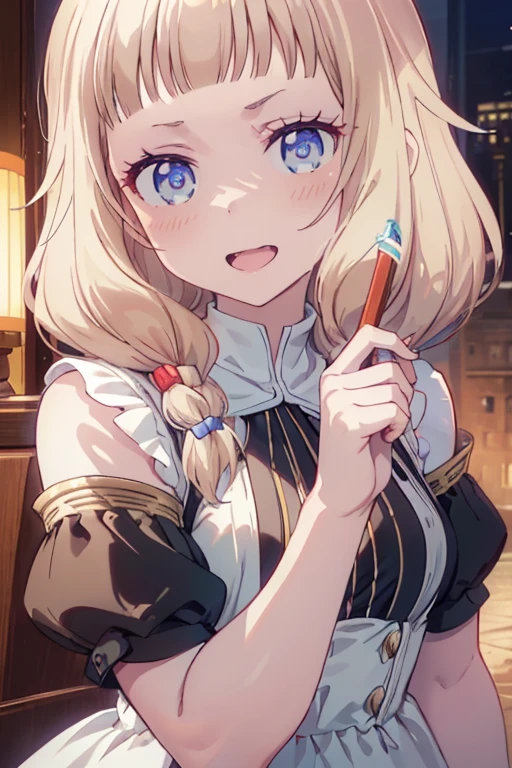 (Masterpiece: 1.1), Best Quality, (Illustration: 1.2), Eye Focus, (Ultra Detailed), Ultra Detail, (Fine Detail), (Intricate Detail), (Cinematic Light, Best Quality Backlight), Clear Lines, Solo Female, Solo Female, Perfect Figure, (1 Girl), High Contrast, (Best Lighting, Extremely Delicate and Beautiful), ((Cinematic Light)), Powerful, Absolutely Striking, Dynamic Angle, Gorgeous Background, cute Teeth, Open Mouth, mischievous smile, close-up, depth of field, close-up of a long-haired character. A cute tongue sticks out of the mouth, long hair, big breasts, short sleeves, dress, bare shoulders, braids, porcelain clothes