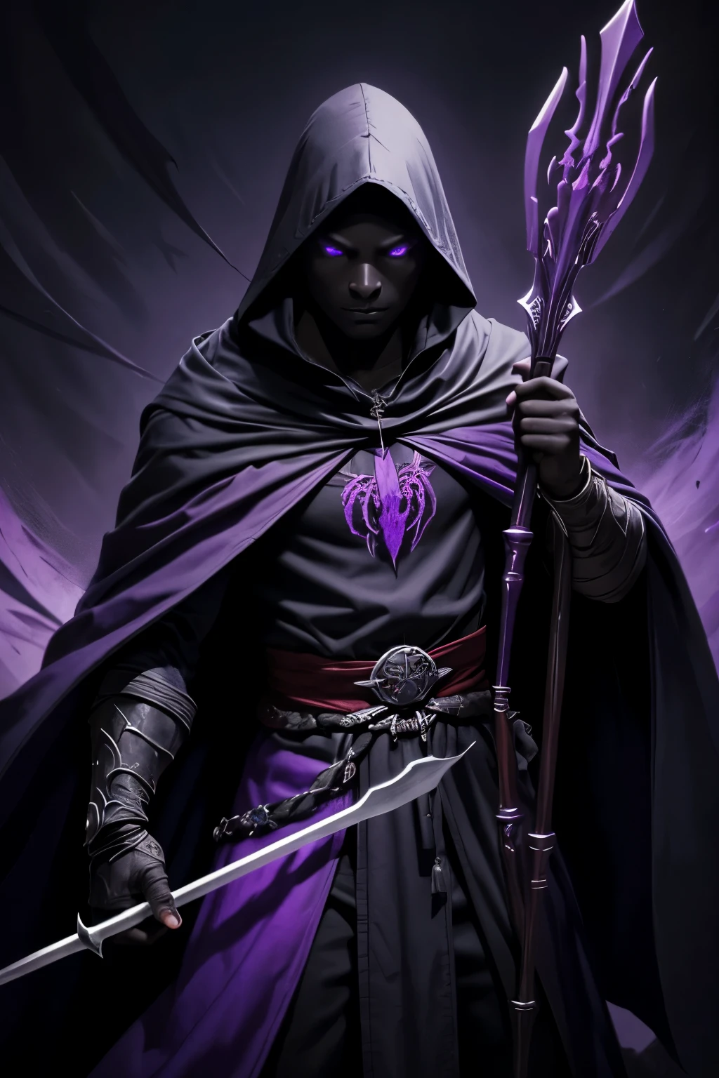 Dark drow wizard, dark gray skin, purple cloak with red interior, holding a quarterstaff with a spider, white pupiless eyes