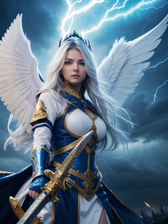 ((beautiful warrior female with big white open wings and surprised face)),curly long hair,(((wielding a sword))),looking to with observer,blue armor with gold embroid details, dynamic angle, storm dark blue sky and lightning clouds background