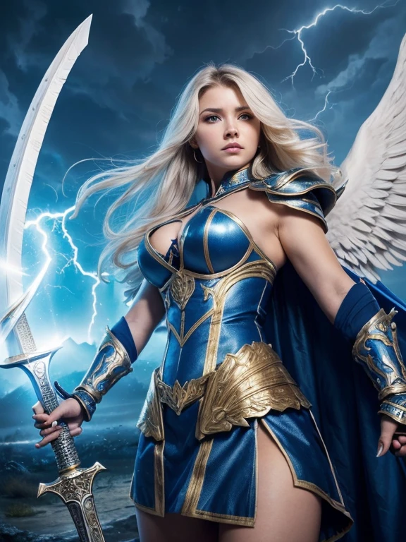 ((beautiful warrior female with big white open wings and surprised face)),curly long hair,(((wielding a sword))),looking to with observer,blue armor with gold embroid details, dynamic angle, storm dark blue sky and lightning clouds background