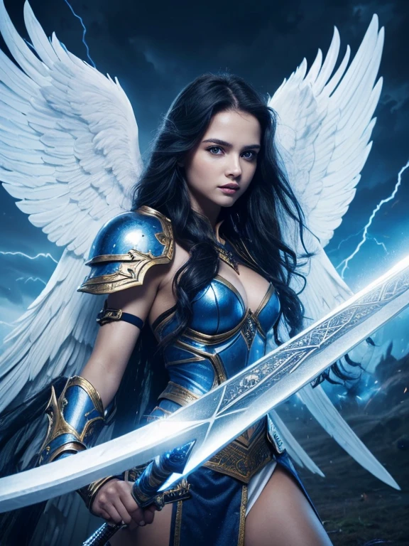 ((beautiful warrior female with big white open wings and surprised face)),curly long hair,(((wielding a sword))),looking to with observer,blue armor with gold embroid details, dynamic angle, storm dark blue sky and lightning clouds background