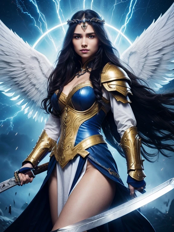 ((beautiful warrior female with big white open wings and surprised face)),curly long hair,(((wielding a sword))),looking to with observer,blue armor with gold embroid details, dynamic angle, storm dark blue sky and lightning clouds background