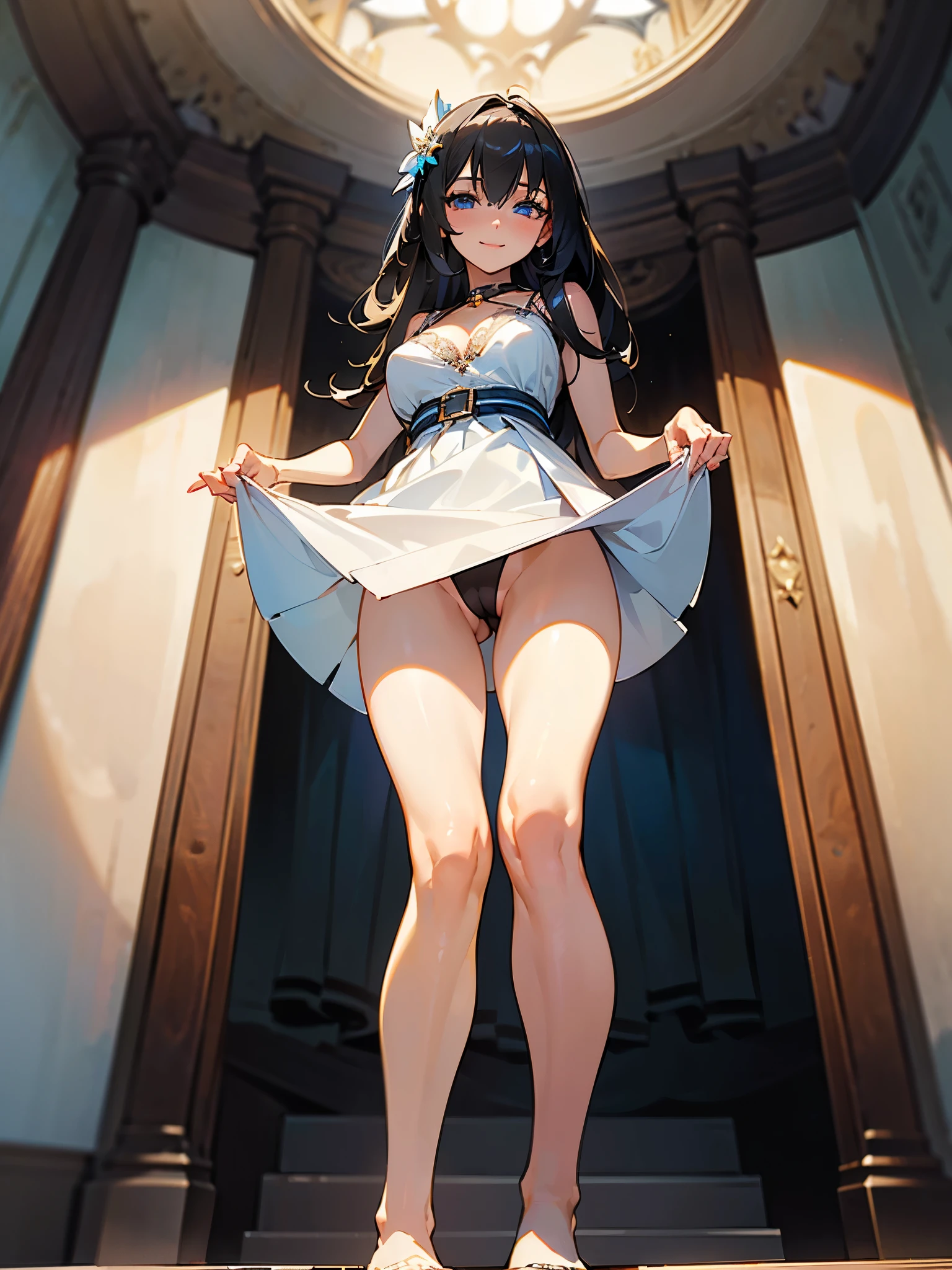 (Realistic:1.3), (masterpiece:1.2), (photoRealistic:1.2), (highest quality), (Detailed skin:1.3), (Intricate details), (Ultra-high definition face)
Reduces light reflections, 1 woman, 19 years old, Detailed skin texture,
She has only two legs, Two arms, Five fingers, Two joints in the fingers, Perfect body balance, good legs, slim legs, left and right legs the same thickness, Smooth Skin
(blush:0.7), ((smile)), gentle expression
Black Hair, Straight Hair, medium Long Hair, Calm hair, bangs, Hair between the eyes, Hair volume is low,
Sparkling blue eyes, Lens Eye, Light reflection in the eyes, Symmetrical eyes, looking at the camera, high light in the eyes, (eyelashes),
hair ornaments,
((Wearing white dress), the dress is one piece type, ((Do not cover the crotch)), ((black g-string panty)), tiny panty, separate Panties from clothes, off sholders
((big tits)), (vagina), (pussy), (camel toe), under boob, cleavage of ches、
((((Depict from THIGHS to HEAD)))), (((from below))),
Inside the room, Natural light
((roll up skirt with her hands)), ((stand in the room)), (put her leg on the step), ((Pinch the skirt))