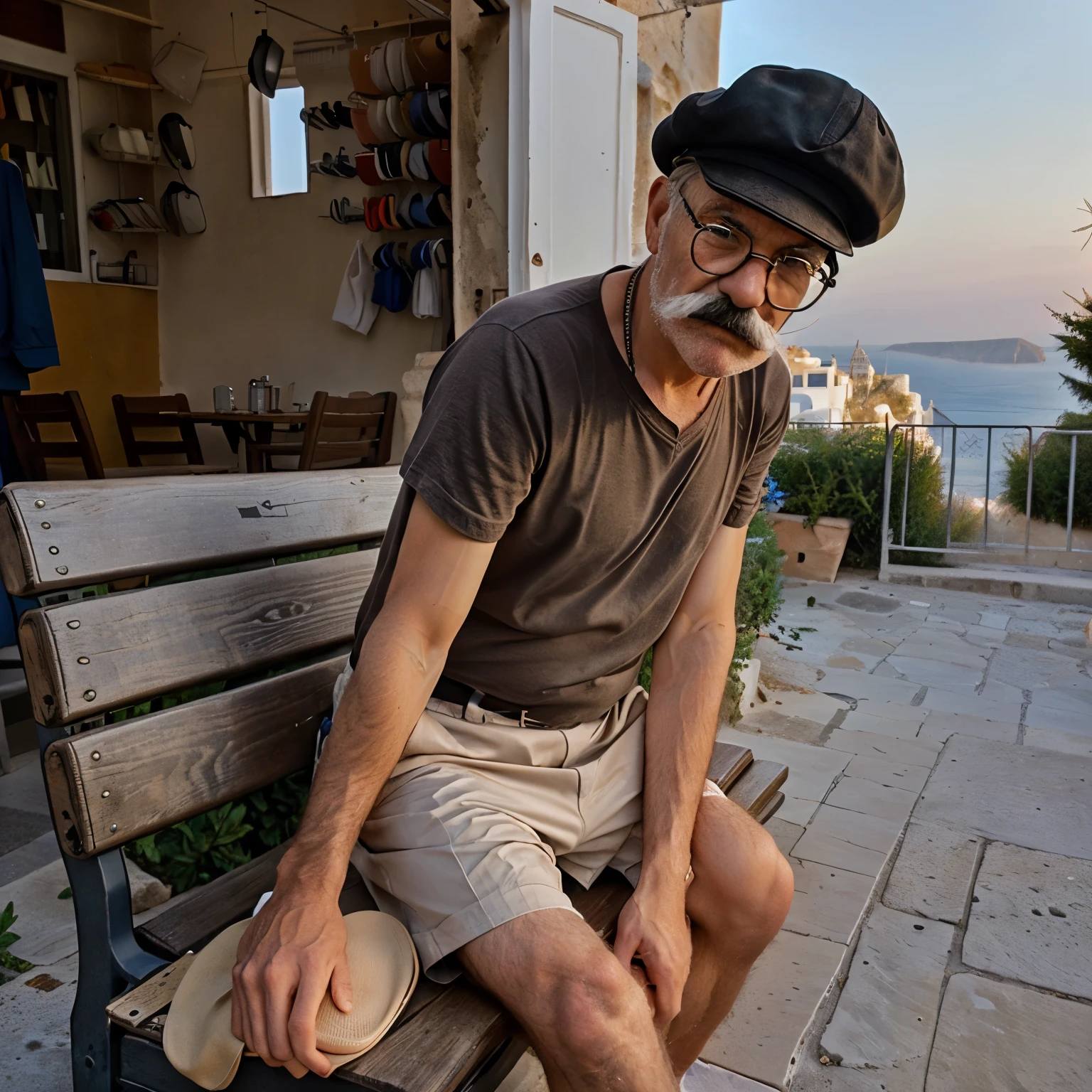 Old man sitting on a bench in greece, cap, glasses and a mustache