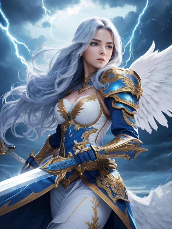 ((beautiful warrior female with big white open wings and surprised face)),curly long hair,(((wielding a sword))),looking to with observer,blue armor with gold embroid details, dynamic angle, storm dark blue sky and lightning clouds background