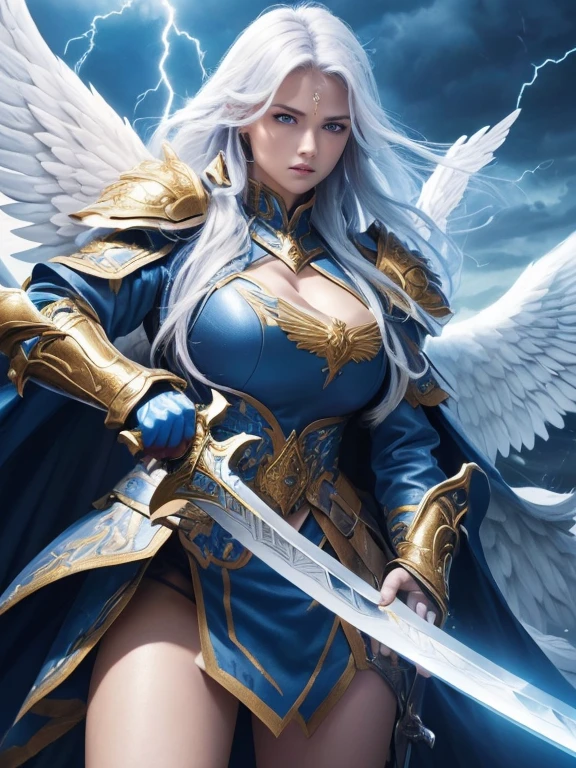 ((beautiful warrior female with big white open wings and surprised face)),curly long hair,(((wielding a sword))),looking to with observer,blue armor with gold embroid details, dynamic angle, storm dark blue sky and lightning clouds background