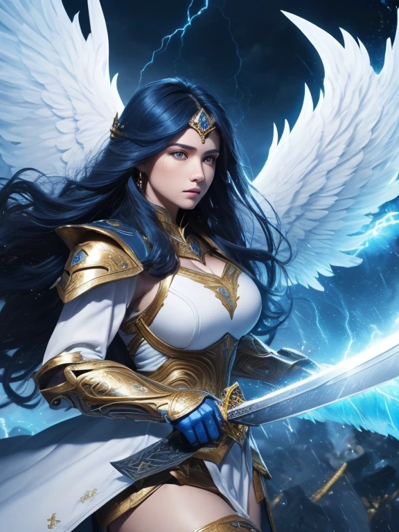 ((beautiful warrior female with big white open wings and surprised face)),curly long hair,(((wielding a sword))),looking to with observer,blue armor with gold embroid details, dynamic angle, storm dark blue sky and lightning clouds background