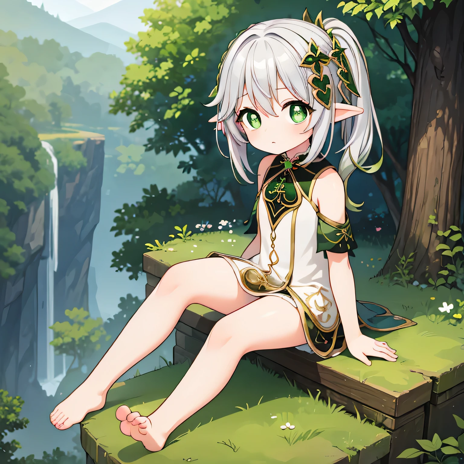 High quality, (masterpiece), girl, flat brest, short silver hair, green eyes, (chibi:0.6), elf clothes, (separating the legs:1.3), in a forest, (sitting front:1.6), (barefoot:1.4)