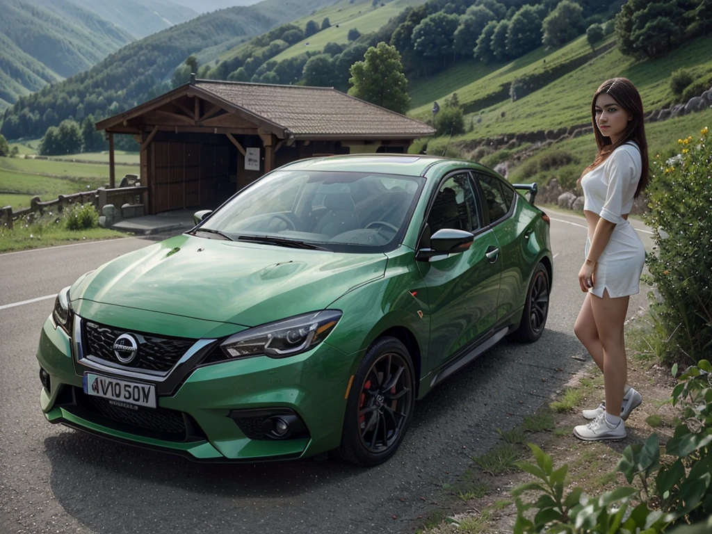 garota peituda beautiful woman and spoRts caR、超A high Resolution、An ultRa-high pictuRe quality、8k、WondeRful expRession with attention to detail、eaRly summeR valley、beautiful fResh gReen、A bRight Red spoRts caR paRked on a mountain pass.Nissan PulsaR GTS-R spoRts 5 dooR coupe
