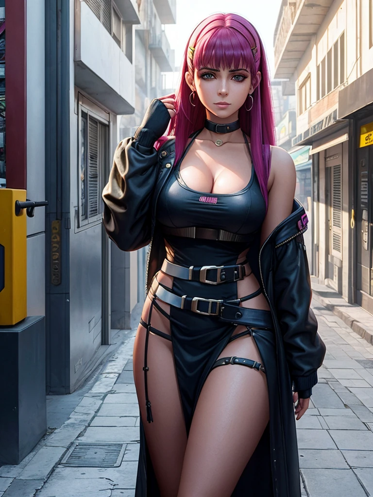 Mulher de 25 anos, com vestido estilo cyberpunk, com fenda, em uma rua de dia a luz do sol. She&#39;s on a cyberpunk street. Corpo inteiro.
