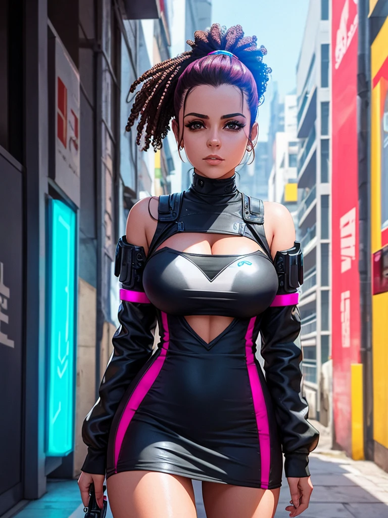 Mulher de 25 anos, com vestido estilo cyberpunk, com fenda, em uma rua de dia a luz do sol. She's on a cyberpunk street. Corpo inteiro.