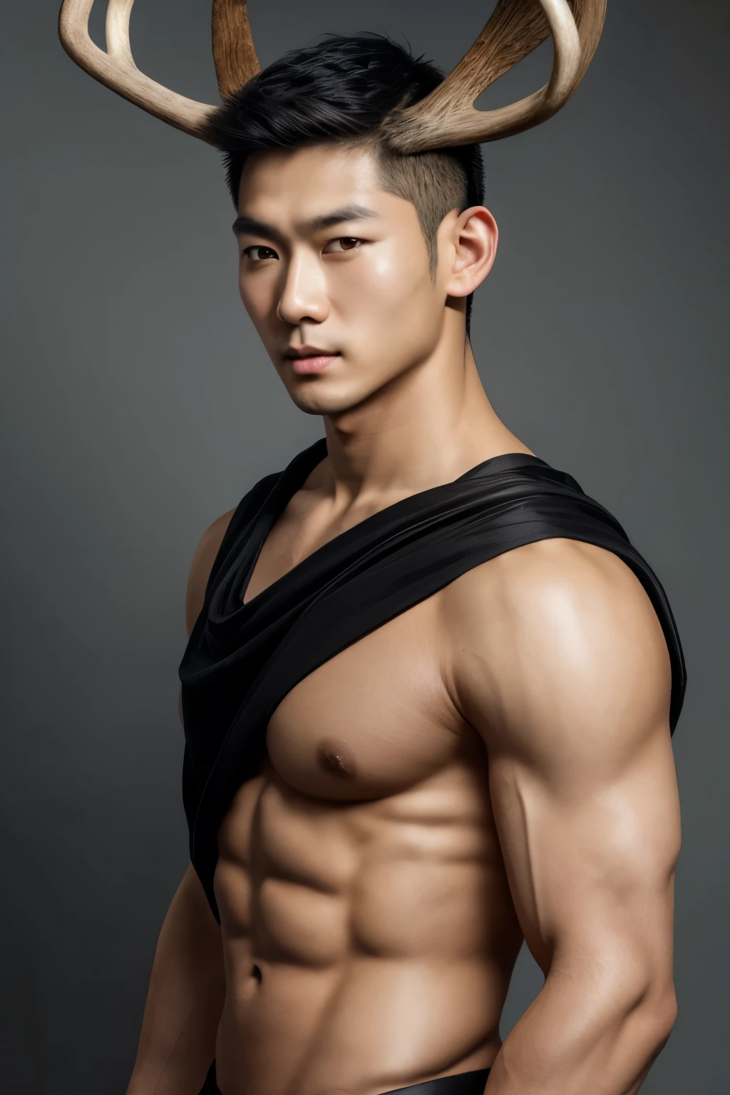 Asian man,  thin nose, thin lips, brown eyes, black hair, deer horn on his head, jock putfit, young handsome face, best quality,masterpiece,Ultra high detail,A handsome muscular man, deer horn on his head, topless, black micro thong, with black cloth, black transparent cloth on his deer horn, realistic,Grey background,