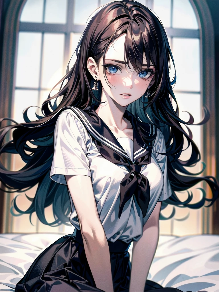 absurdres, RAW photo, extremely delicate and beautiful, masterpiece, Best Quality, ultra high resolution, 32k, hyperrealistic, ultra-detailed, detailed description, pale skin, 20 years old, delicate facial features, detailed beautiful face and eyes, tearful mole, earring, Colossal , short medium hair, wavy hair, full body shot, sailor uniform, school_uniform,