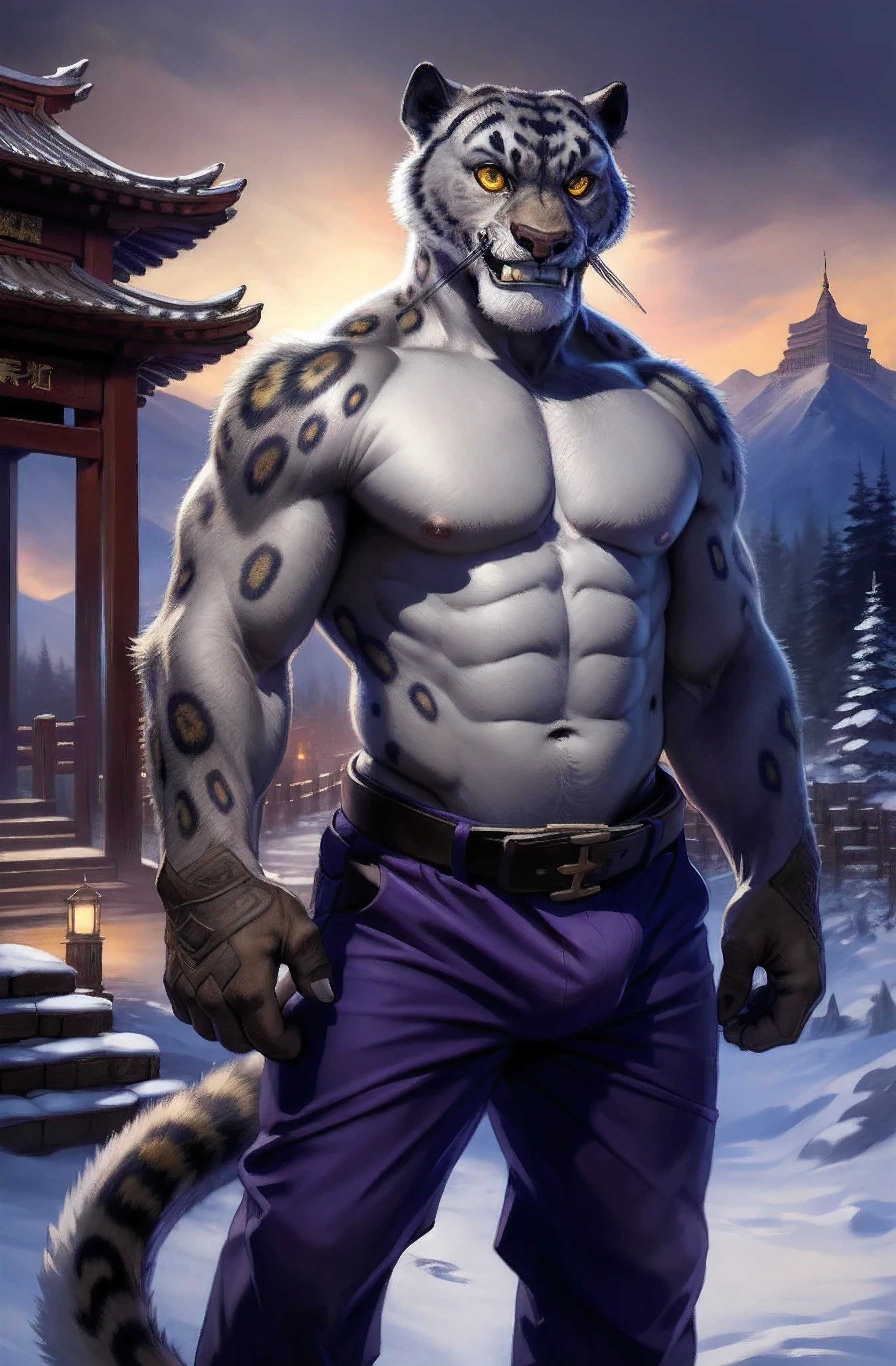 (author Taran fiddler), (author darkgem: 0.8), (author Chunie:1), masterpiece, gray fur, nipples, navel, portrait, seductive, looks at the viewer, smile, grin, teeth, big bulge, (tail: 1.2), snow leopard, (golden eyes), detailed eyes, man, solo, anthro, facing the viewer , (standing erect) roof tiles (detailed temple background), chinese temple, (night), (Purple pants, brown belt)