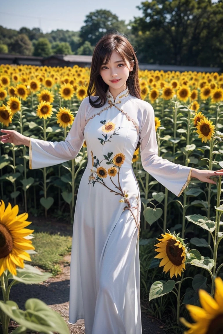 Top-quality Realistic,Official art,Highly detailed CG Unity 8k wallpaper,ultra-detailliert,hight resolution,Physically-based rendering,Magnificat,finely detail,masterpiece,Best Quality,ultra detailed,Mature beauty,Beautiful women,1girl,moist lips,sexy lips,Sexy smile,Gentle smile, 20 years old, Beautiful bare skin,Smooth bare skin, big well-shaped breasts, beautiful cleavage,beautiful Mature body,swept bangs,(Medium hair:1.3), beautiful detailed eyes,model shoot style,Japanese Idol,Full-body,((Sunflower blooming field)),BREAK, ((Ao dai:1.3)),(vietnamese national costume),Standing model pose,Delicately expressed eyes,cute smile,A lot of Sunflower are blooming,standing position,(outstretched arms),