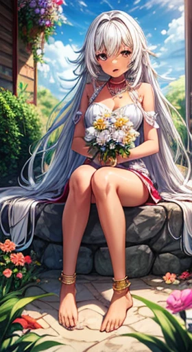 1girl, long white hair, dark skin, holding flowers, flower garden, barefoot, sandals, anklet, open mouth, black eyes