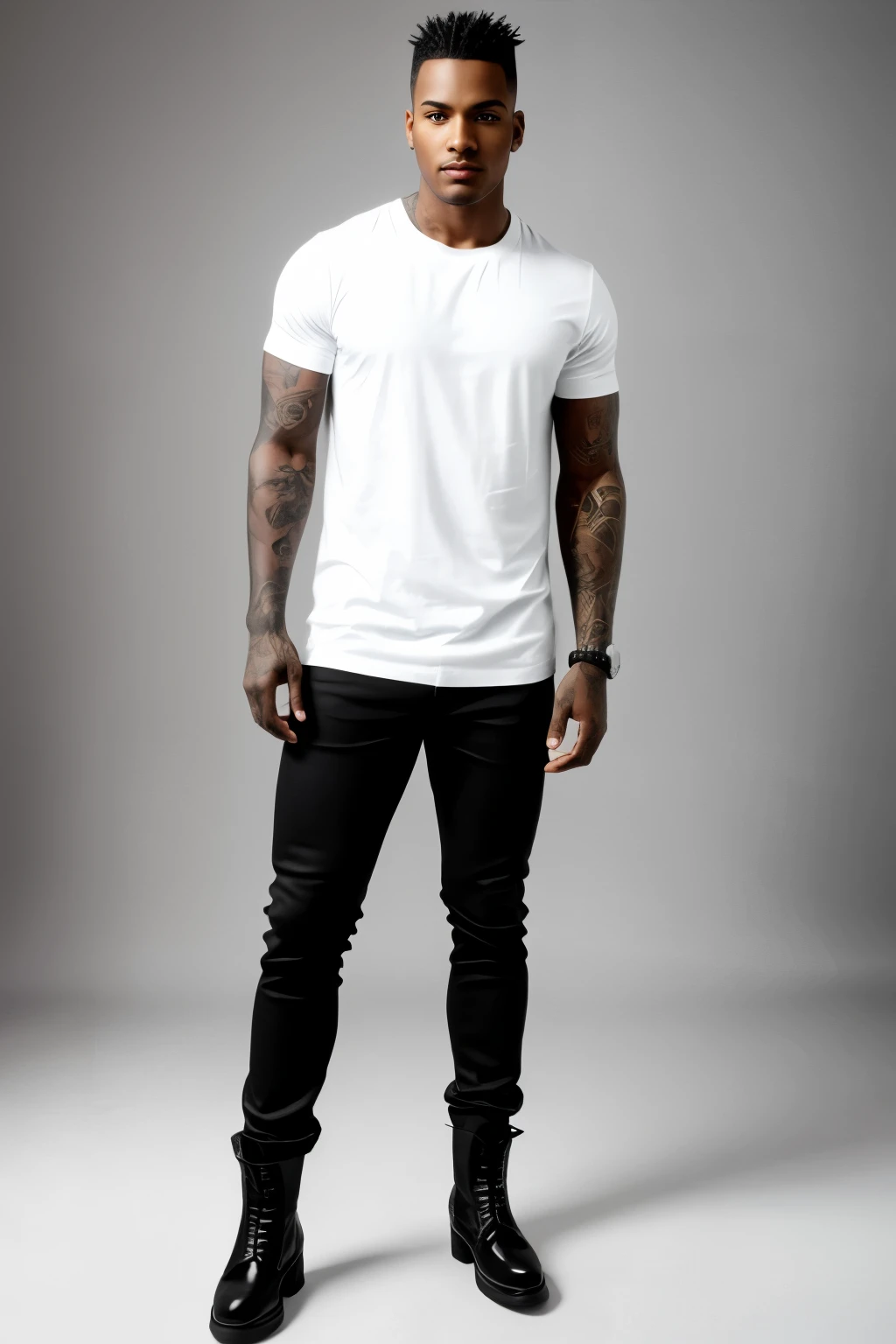 Create a stylish black man, tattooed with a white T-shirt, full body shot, wearing boots, against a white background, realistic.