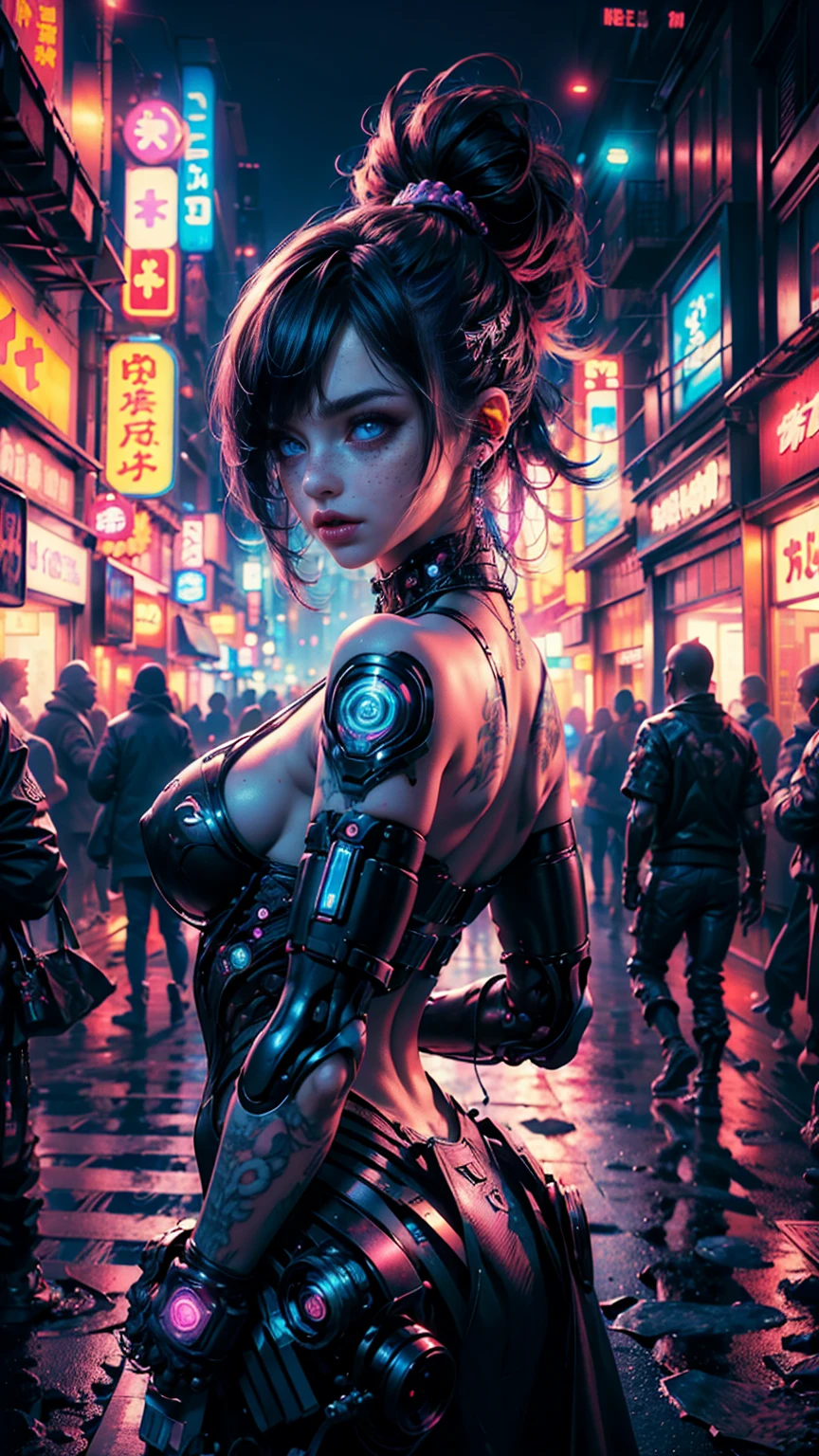 ((una hermosa chica cyberpunk viste un disfraz de Harajuku Tech), (lentes ciberneticos de tinta rosa), con pecas, lengua traviesa de fuera, aretes de neon, pelo azul despeinado, tatuajes yakuza, autodisparo, raytraced, viento, paisaje de la ciudad ciberpunk, (aesthetics and atmosphere:1.2),sonriente, Laugh，plano amplio, cuerpo completo, extremidades cyberneticas. (foto cruda, mejor calidad), (realista, photo-realista:1.3), Obra maestra, un extremadamente delicado y hermoso cuerpo, extremidades ciberneticas extremadamente detalladas, Best quality score, ultra dynamic punk pose, middle body, close up, high view, neon lights atmosphere, angulo picado, colores neon