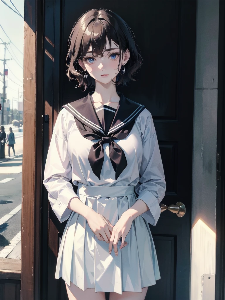 absurdres, RAW photo, extremely delicate and beautiful, masterpiece, Best Quality, ultra high resolution, 32k, hyperrealistic, ultra-detailed, detailed description, pale skin, 20 years old, delicate facial features, detailed beautiful face and eyes, tearful mole, earring, Colossal tits, short medium hair, wavy hair, full body shot, sailor uniform, school_uniform,