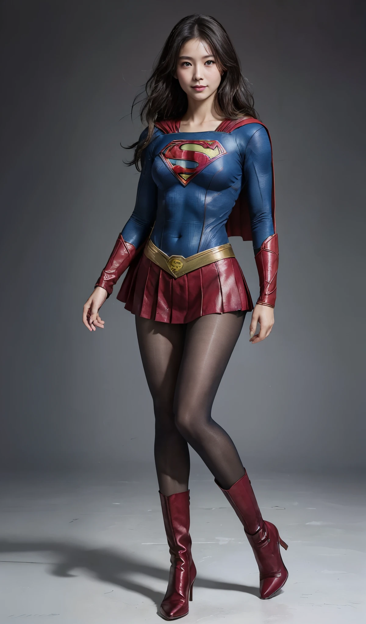 No background、(((Beautiful legs in black tights.)))、(((Legally express the beauty of your smile)))、((((Make the most of your original images)))、(((Supergirl Costume)))、(((Beautiful Hair)))、(((suffering)))、(((Please wear black tights....、Wear red boots)))、((Best image quality、8k))、((highest quality、8k、masterpiece:1.3))、(((Preserve background )))、Sharp focus:1.2、Beautiful woman with perfect figure:1.4、Slim Abs:1.2、Wet body:1.5、Highly detailed face and skin texture、8k