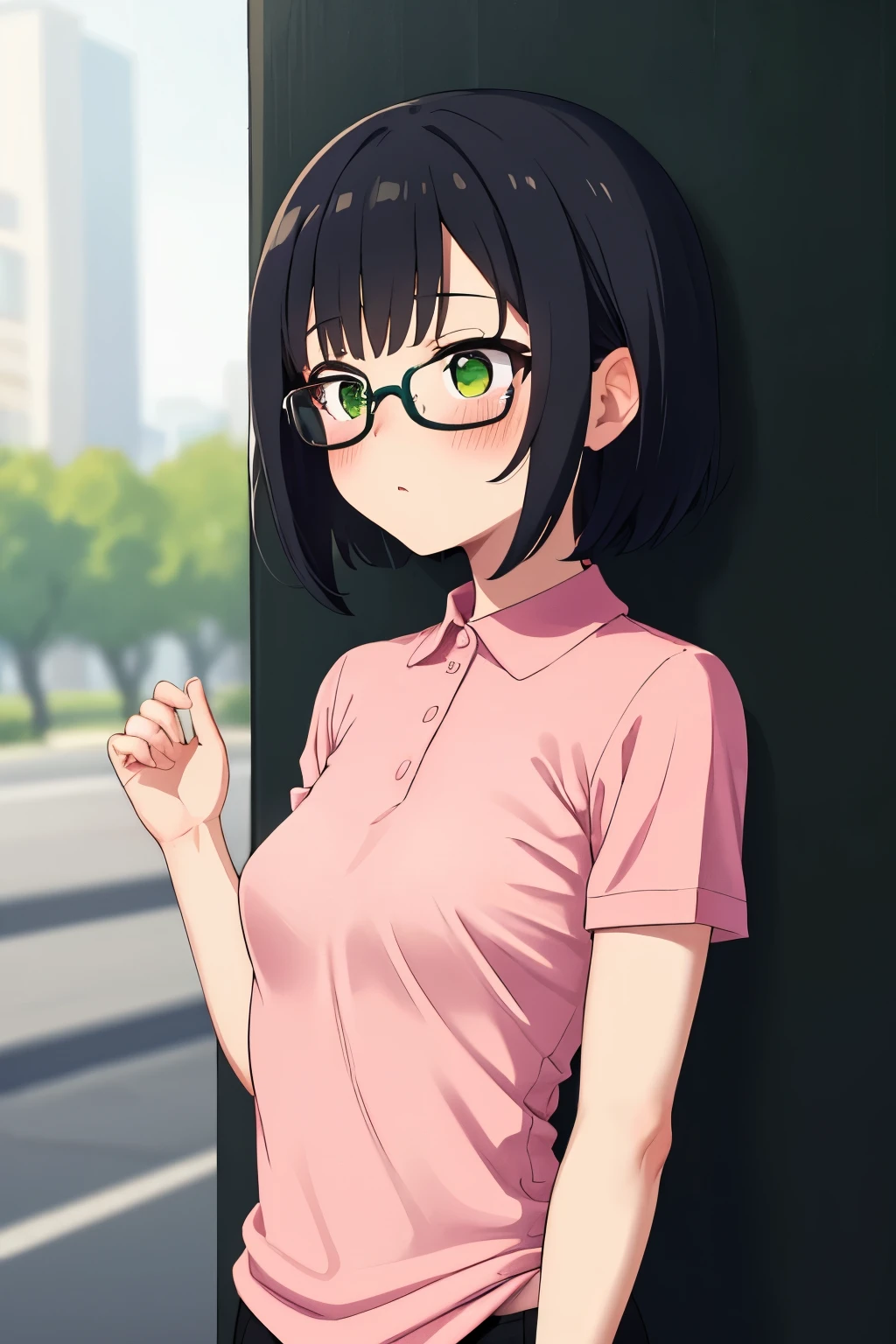 In town,Small breasts that can be rolled up,Black Hair,short hair,Green Eye Glasses,(Shocking pink plain polo shirt, Short sleeve), (High resolution, high quality:1.1), Intricate details, 1 girl,(blush,Embarrassing)There are a lot of people around me in black pants