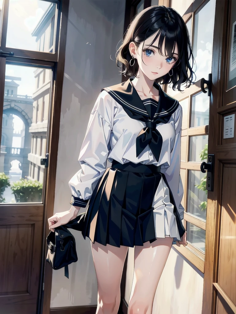absurdres, RAW photo, extremely delicate and beautiful, masterpiece, Best Quality, ultra high resolution, 32k, hyperrealistic, ultra-detailed, detailed description, pale skin, 20 years old, delicate facial features, detailed beautiful face and eyes, tearful mole, earring, Colossal tits, short medium hair, wavy hair, full body shot, sailor uniform, school_uniform,