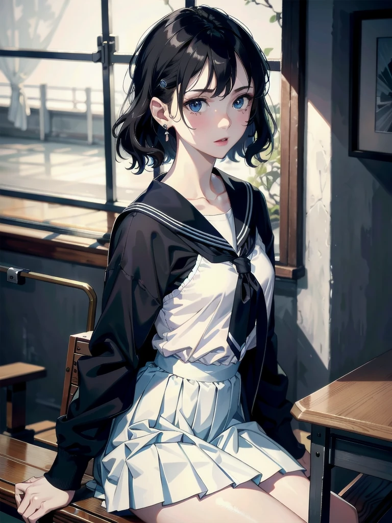 absurdres, RAW photo, extremely delicate and beautiful, masterpiece, Best Quality, ultra high resolution, 32k, hyperrealistic, ultra-detailed, detailed description, pale skin, 20 years old, delicate facial features, detailed beautiful face and eyes, tearful mole, earring, Colossal tits, short medium hair, wavy hair, full body shot, sailor uniform, school_uniform,