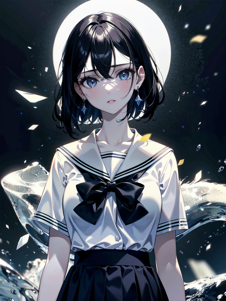 absurdres, RAW photo, extremely delicate and beautiful, masterpiece, Best Quality, ultra high resolution, 32k, hyperrealistic, ultra-detailed, detailed description, pale skin, 20 years old, delicate facial features, detailed beautiful face and eyes, tearful mole, earring, Colossal tits, short medium hair, wavy hair, full body shot, sailor uniform, school_uniform,