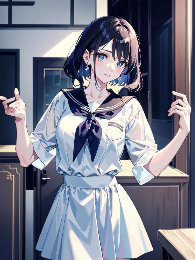 absurdres, RAW photo, extremely delicate and beautiful, masterpiece, Best Quality, ultra high resolution, 32k, hyperrealistic, ultra-detailed, detailed description, pale skin, 20 years old, delicate facial features, detailed beautiful face and eyes, tearful mole, earring, Colossal tits, short medium hair, wavy hair, full body shot, sailor uniform, school_uniform,
