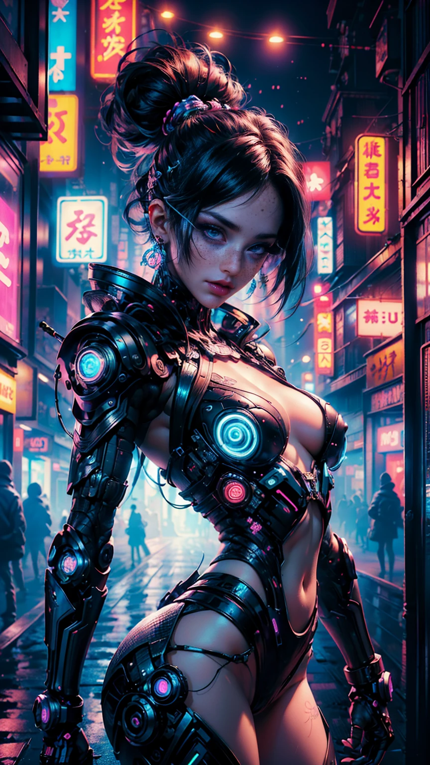 ((una hermosa chica cyberpunk viste un disfraz de Harajuku Tech), (lentes ciberneticos de tinta rosa), con pecas, lengua traviesa de fuera, aretes de neon, pelo azul despeinado, tatuajes yakuza, autodisparo, raytraced, viento, paisaje de la ciudad ciberpunk, (aesthetics and atmosphere:1.2),sonriente, Laugh,plano amplio, cuerpo completo, extremidades cyberneticas. (foto cruda, mejor calidad), (realista, photo-realista:1.3), Obra maestra, un extremadamente delicado y hermoso cuerpo, extremidades ciberneticas extremadamente detalladas, Best quality score, ultra dynamic punk pose, middle body, close up, high view, neon lights atmosphere, angulo picado, colores neon, verde, azul y morado