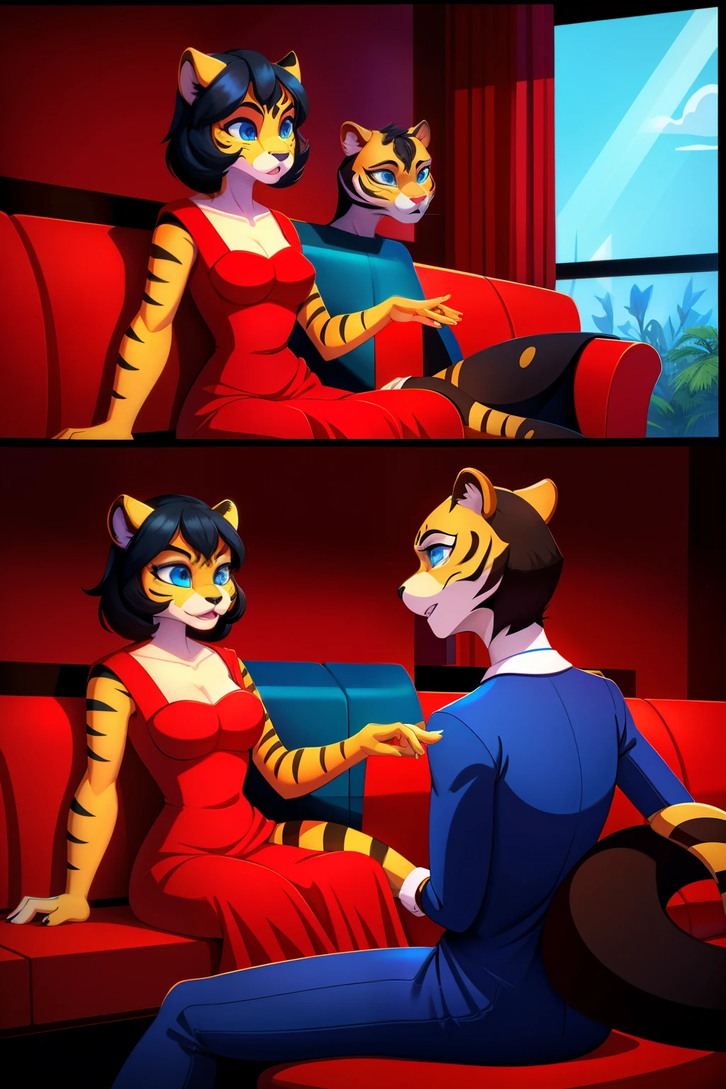 1 girl, hypnotized housewife, tigress anthro, black hair, blue eyes, empty eyes, red dress, sitting on couch, at home, mind-controlled, hypnotized, dazed, 3D Disney style