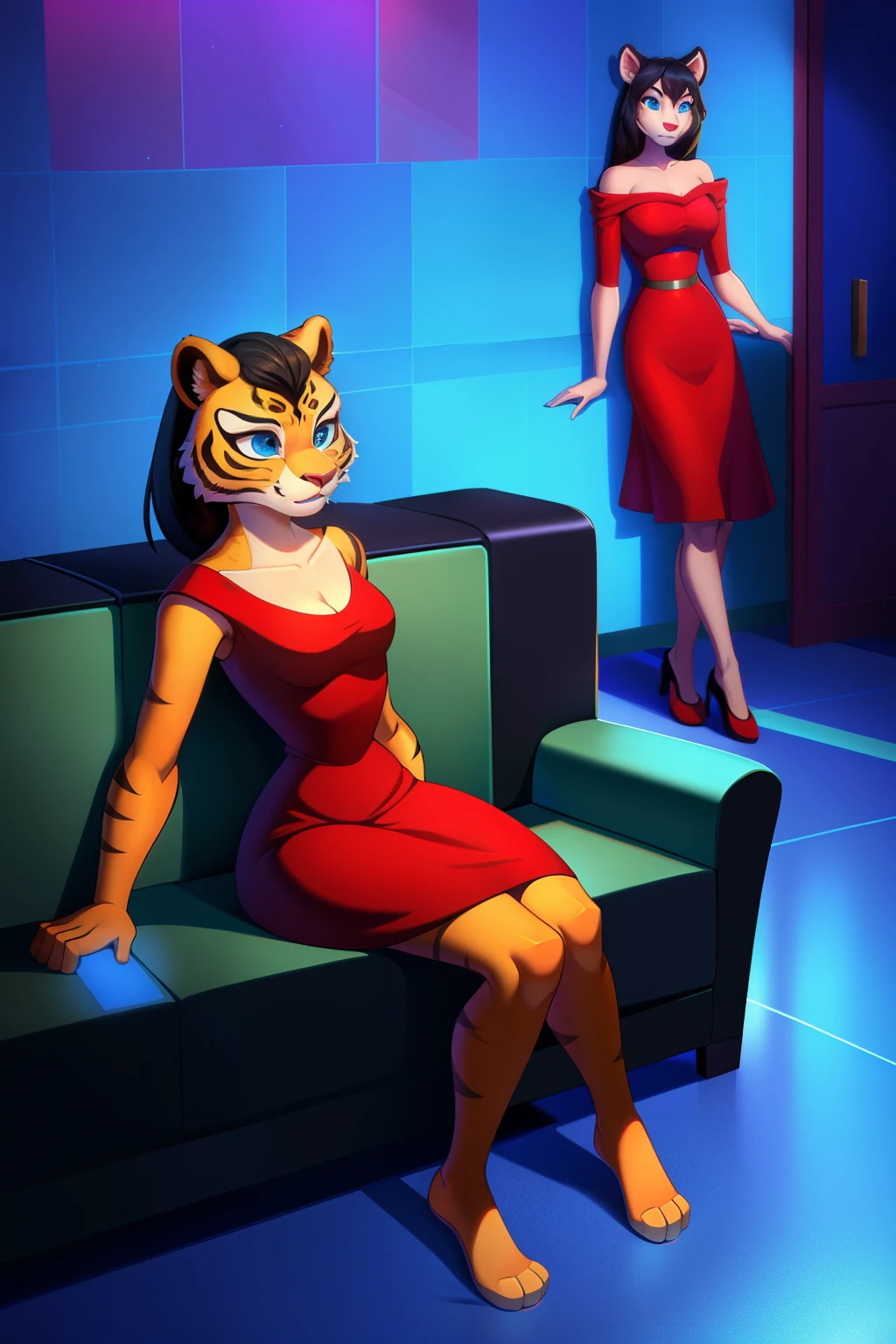 1 girl, hypnotized housewife, tigress anthro, black hair, blue eyes, empty eyes, red dress, sitting on couch, at home, mind-controlled, hypnotized, dazed, 3D Disney style