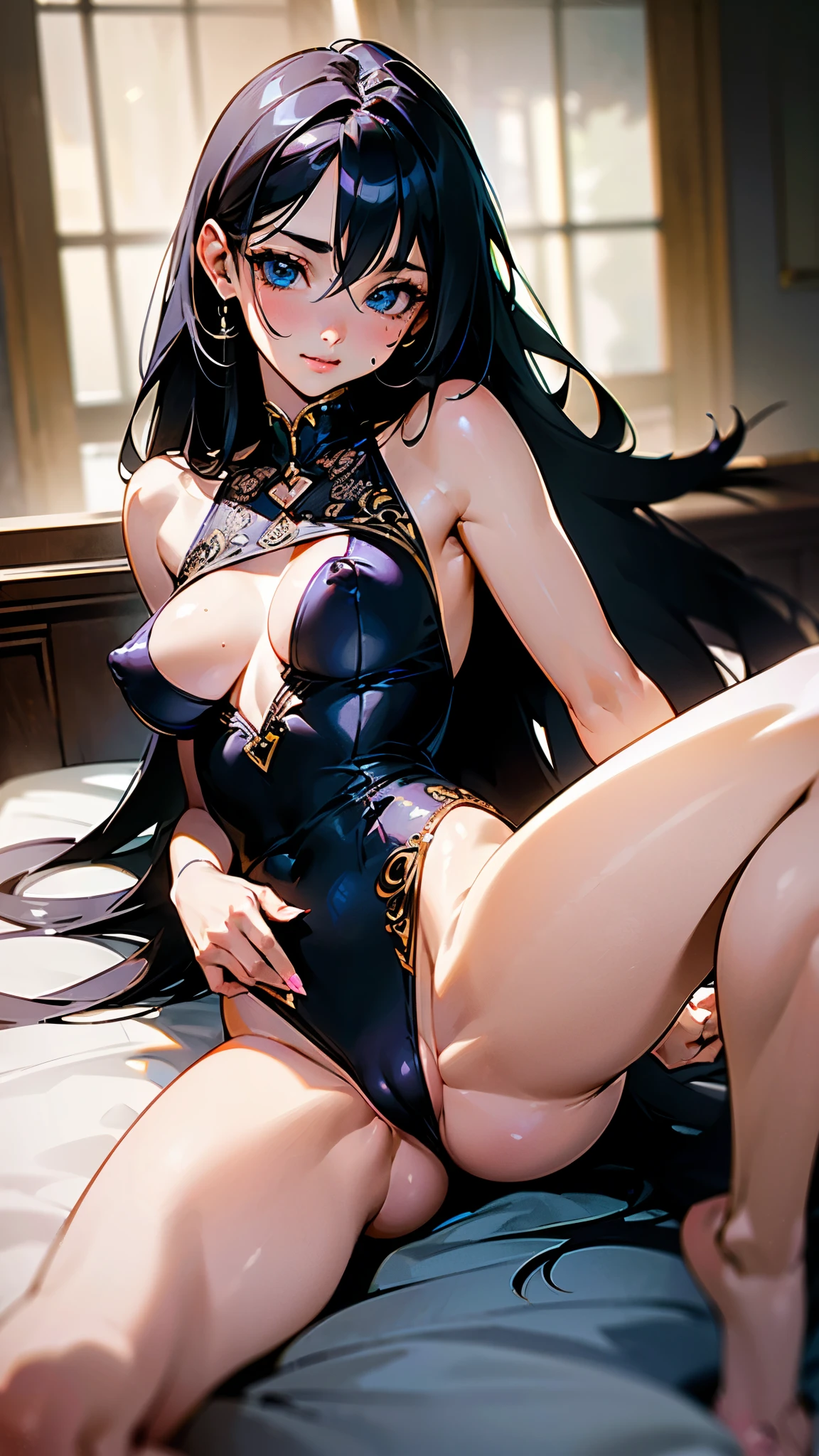 (Realistic:1.3), (photoRealistic:1.2), (masterpiece:1.2), (highest quality), (Detailed skin:1.3), (Intricate details),
One girl, 20 year old,
Detailed skin texture, (blush:0.7), (Ultra High Definition Face:1.2), (Cumming face),
Black Hair, Straight Hair, medeum long hair, Calm hair, bangs, Hair between the eyes, Hair volume is low,
Sparkling blue eyes, Lens Eye, Light reflection on the eyes, high light in the eyes, Symmetrical eyes, Eyelashes,
Two arms, Two joints in the fingers,
((Depict from thighs to head)), Wearing one piece dress, Clothes with open chest, Tight clothing of chest, ((Whitish pink g-string panty)), thongs,
(On the bed), ((With legs apart)), Fingers between her legs,
(((Open her legs very wide))), Do not hide her breasts, (big boobs), show me her vagina, small nipples,