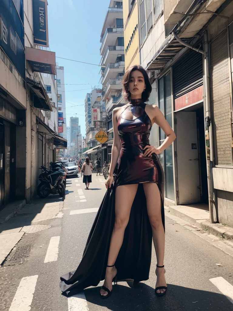 Mulher de 25 anos, com vestido estilo cyberpunk, com fenda, em uma rua de dia a luz do sol. She&#39;s on a cyberpunk street. Corpo inteiro.
