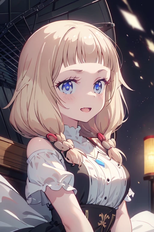 (Masterpiece: 1.2), Best Quality, (Illustration: 1.2), Eye Focus, (Ultra Detailed), Ultra Detail, (Fine Detail), (Intricate Detail), (Cinematic Light, Best Quality Backlight), Clear Lines, Solo Female, Solo Female, Perfect Figure, (1 Girl), High Contrast, (Best Lighting, Extremely Delicate and Beautiful), ((Cinematic Light)), Powerful, Absolutely Striking, Dynamic Angle, Gorgeous Background, cute Teeth, Open Mouth, mischievous smile, close-up, depth of field, close-up of a long-haired character. A cute tongue sticks out of the mouth, long hair, big breasts, short sleeves, dress, bare shoulders, braids, porcelain clothes