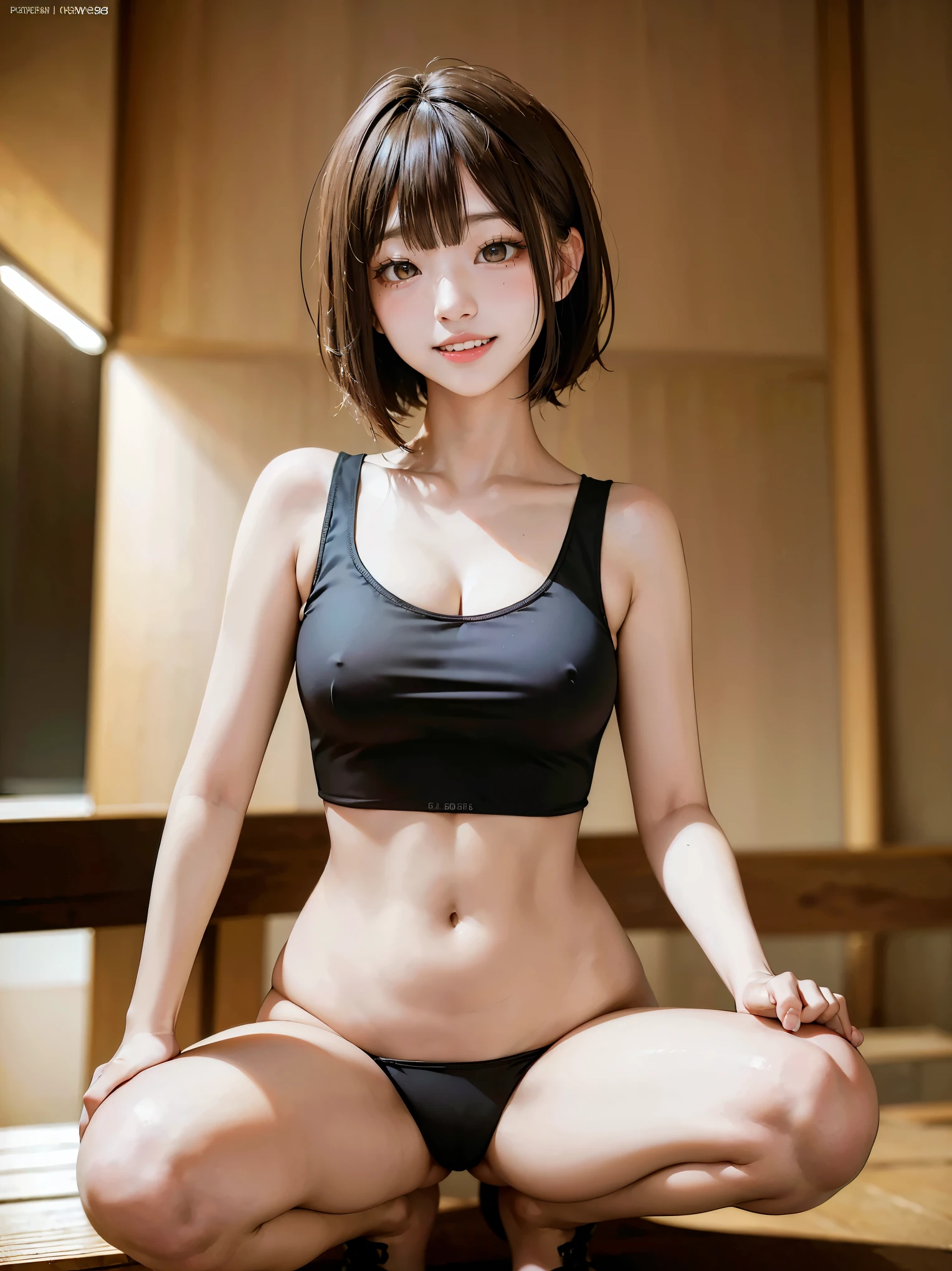 (masterpiece,highest quality,High resolution,Realistic,photograph:1.2),(One high school girl:1.2), (((Black tank top), Camouflage pattern cargo pants),(Black combat boots)),(Smiling with some teeth showing and eyes narrowed:1.3),(Bobcut,Brown Hair,Natural Makeup, Eyelash extensions, Make your eyelashes thinner and longer:1.3),(Cowboy Shot:1.3),(16 year old Japanese girl:1.2),(clothing that fits:1.2),(Dense forest:1.3), (The subject is viewed from below:1.2), (Random sexy poses, Leg spread, Squatting and tiptoe:1.3)